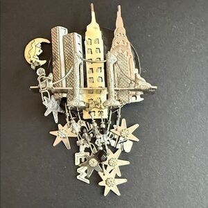 Lunch at the Ritz Silver Grey Stars Dangle Brooch - NYC Skyline Pin or Pendant